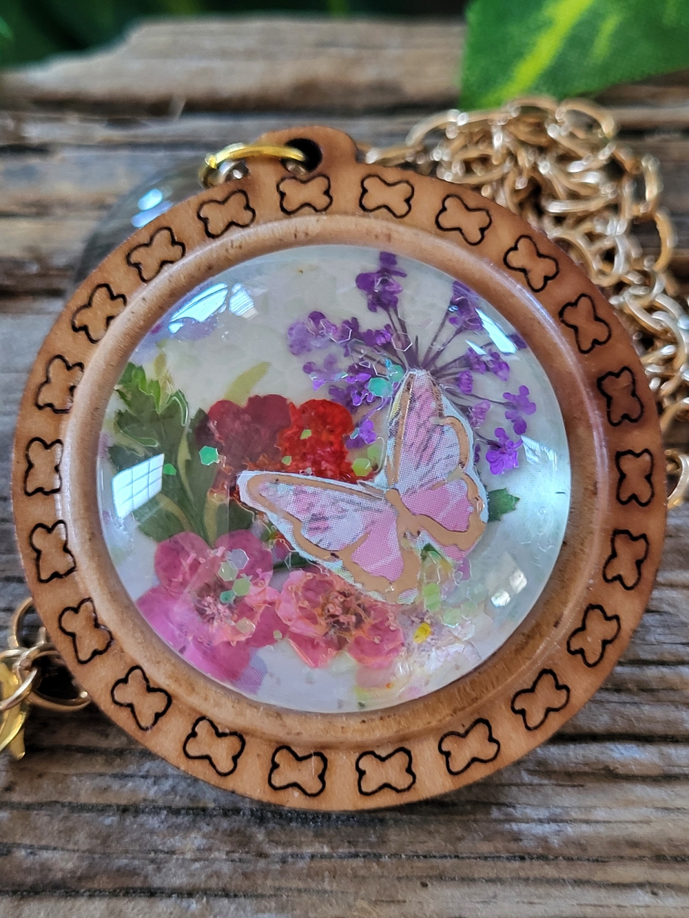 Pink Butterfly Floral In Wooden Frame Under Glass